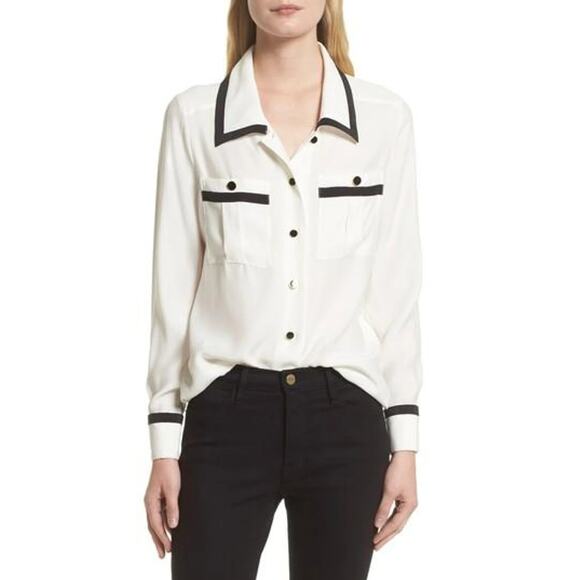 Frame Denim Tops - New Frame Black Piped Double Pocket White Silk Shirt XS